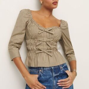 Reformation Beige Gingham Puff Sleeve Square Neck Blouse